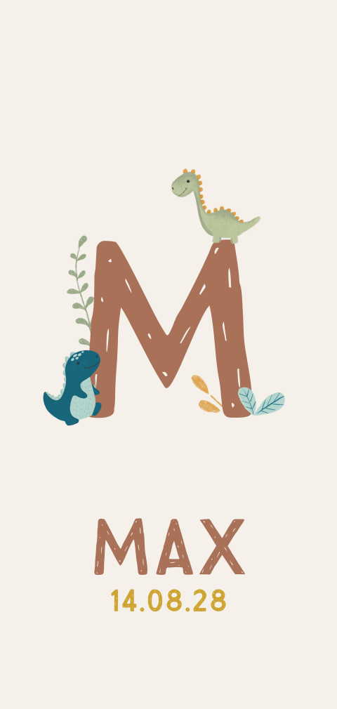 Faire-part de naissance avec dinosaures et initiale sur fond beige