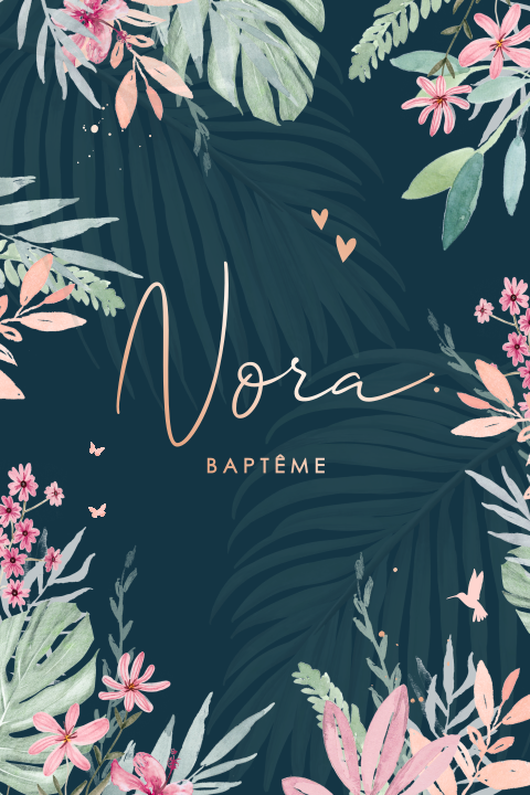 Faire-part de baptême avec fleurs roses et feuillages