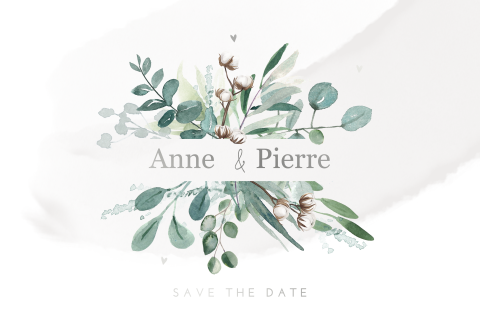 Save the date avec des fleurs et des cœurs aquarelle.