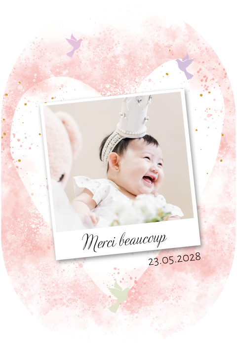 Carte de remerciement de baptême, forme ovale, détails en holographie
