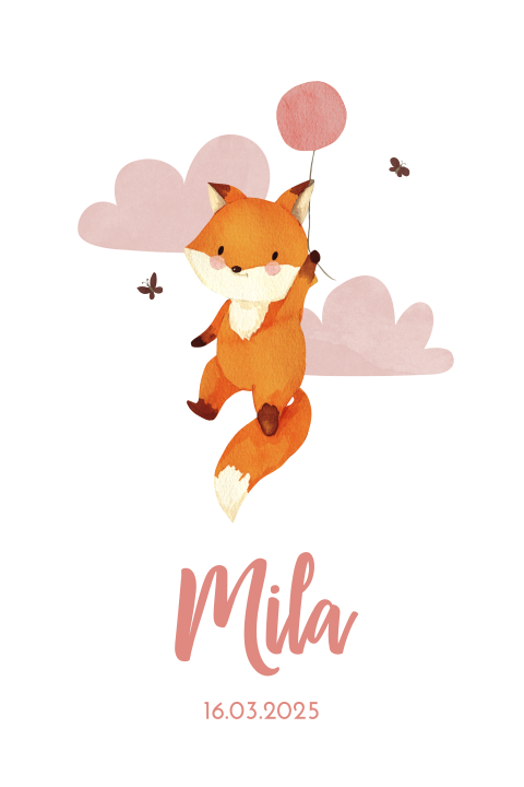 Faire-part de naissance Renard et ballon rose 