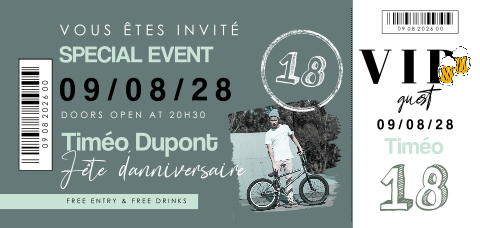 Carte d'invitation originale pour les 18 ans sous forme de billet VIP