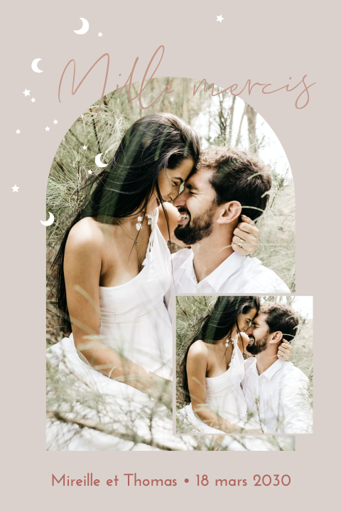 Carte de remerciement magnet douce avec photos et lunes sur fond rose