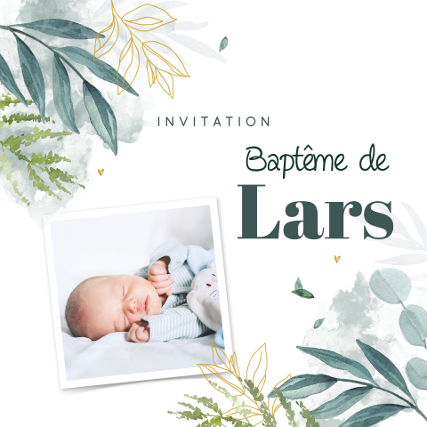Faire-part de baptême avec des feuillages en aquarelle et photo