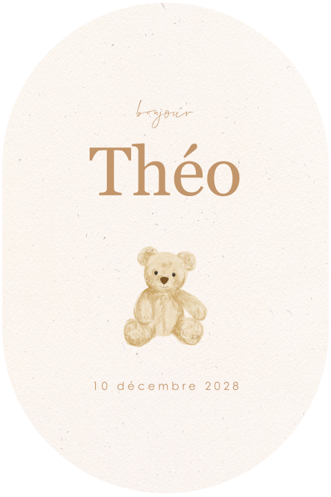 Faire-part de naissance ovale beige avec petit ours en peluche