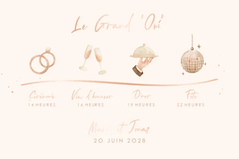 Faire-part de mariage avec illustration doodle et dorures rosées