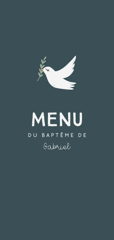 Menu de baptême bleu ardoise avec colombe