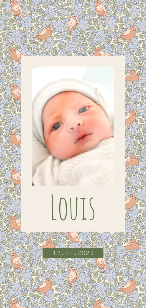 Faire-part de naissance motif floral bleu avec oiseaux et photo