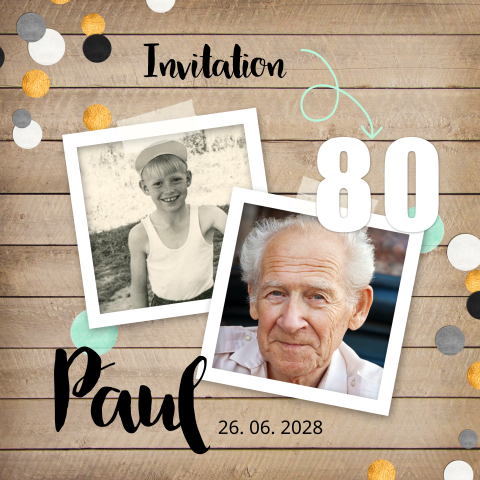 Carte d'invitation pour les 80 ans avec des confettis sur fond de bois