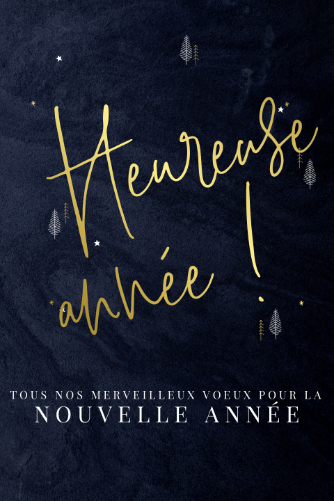 Carte de vœux élégante avec des dorures, sapins et étoiles