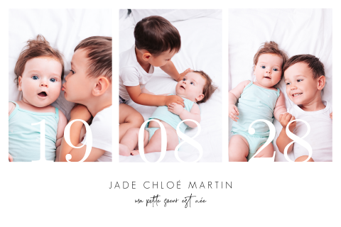 Faire-part de naissance moderne avec trois photos et date en blanc