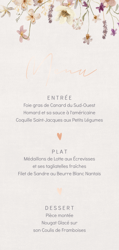 Carte de menu romantique avec des fleurs et des coins arrondis