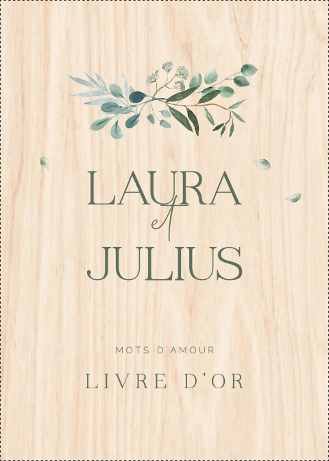 Livre d'or en bois tendance avec typographie élégante et eucalyptus