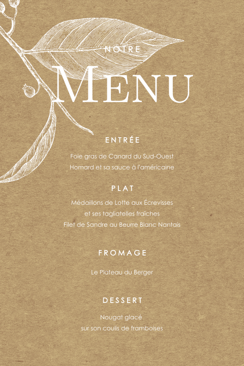 Carte de menu avec des fleurs blanches dans un style kraft