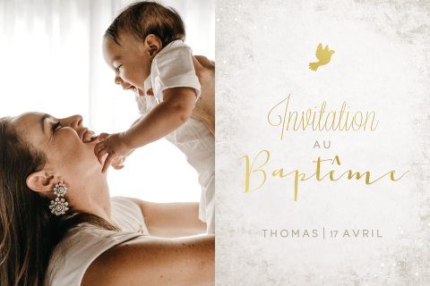 Élégant faire-part de baptême avec colombe en dorure