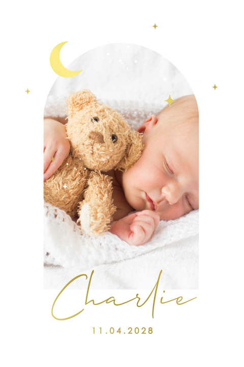 Faire-part de naissance avec photo en arche et lune et nom en dorure