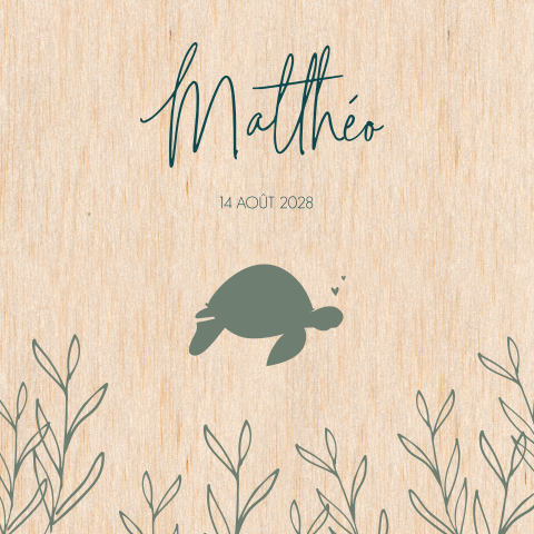 Faire-part de naissance sur bois avec tortue et feuilles
