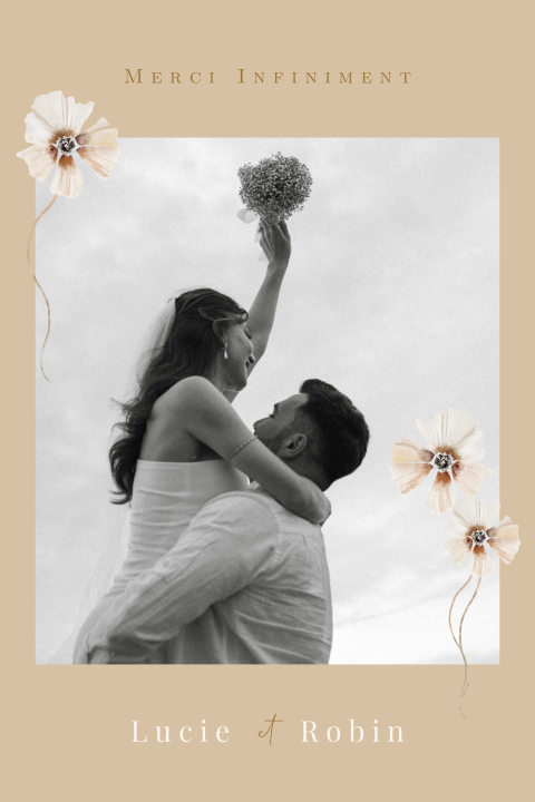 Carte de remerciement beige avec photo, violettes et coins arrondis