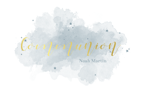 Faire-part de communion avec aquarelles bleus et dorures