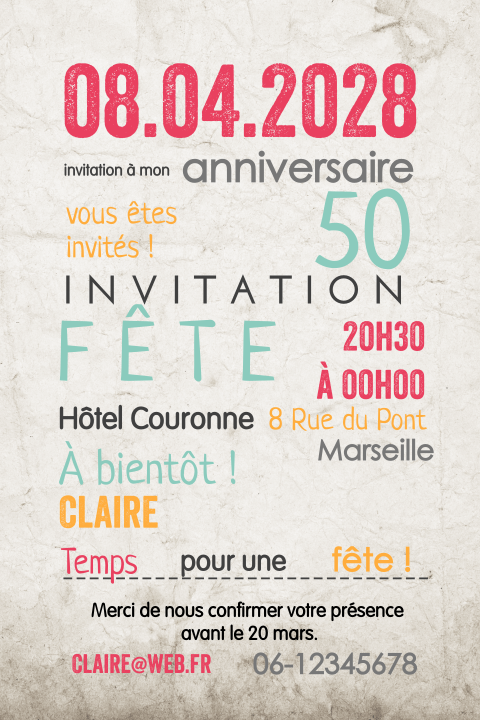 Carte d'invitation colorée pour le 50e anniversaire
