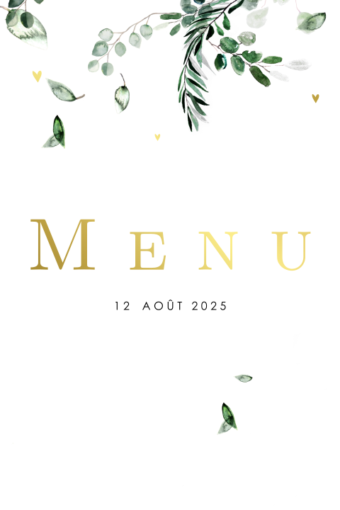 Carte de menu en feuille d'or avec des feuilles et des cœurs à l'aspect aquarelle