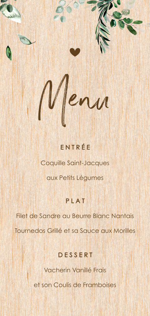 Menu esthétique en bois avec des feuilles d'eucalyptus