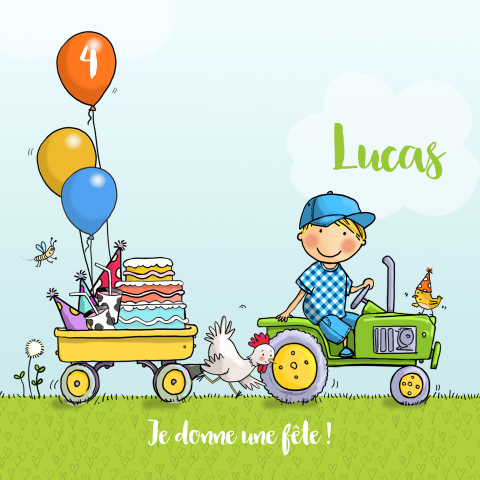 Carte d'invitation cool avec un tracteur et des ballons