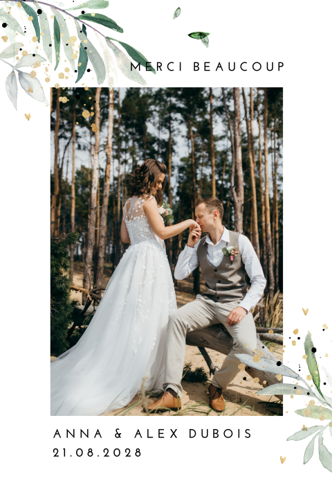 Carte de remerciement avec des feuilles, des cœurs et une photo