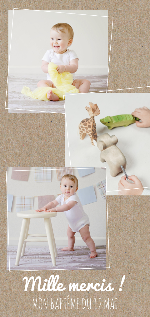 Carte de remerciement de baptême avec aspect kraft et photos