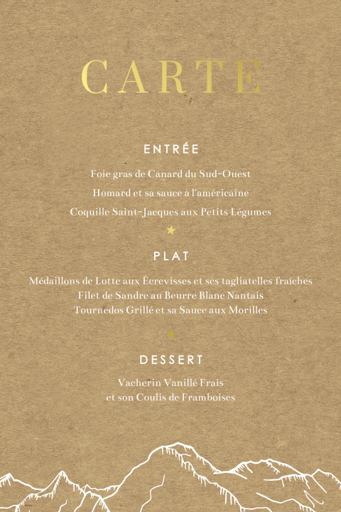 Menu aspect kraft avec des montagnes et détails dorés