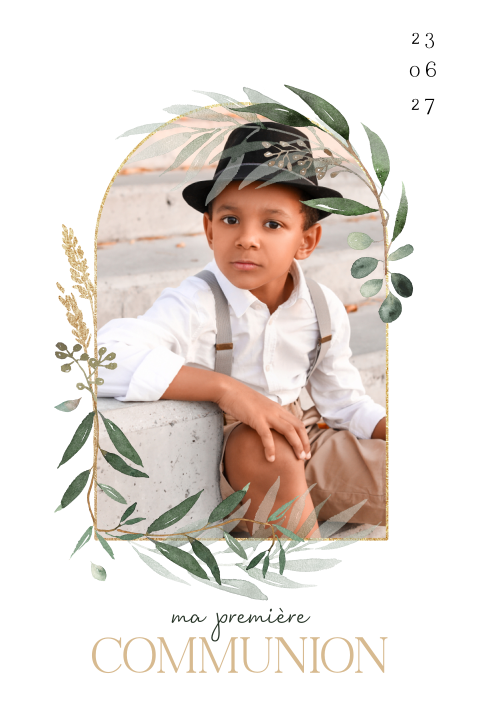 Faire-part de communion élégant avec photo dans cadre de feuilles