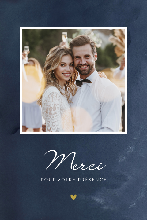 Carte de remerciement bleu nuit avec photo et dorures