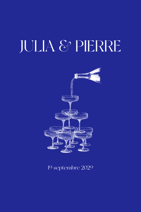 Faire-part de mariage fond bleu avec illustration coupes de champagnes