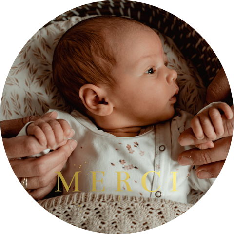 Carte de remerciement naissance ronde avec nom en dorure et photo