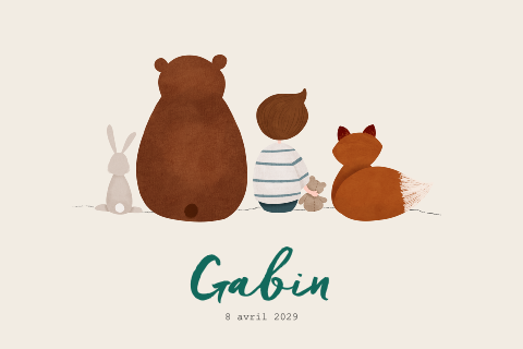 Faire-part de naissance garçon avec lapin, ours et renard
