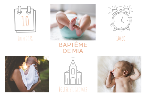 Faire-part de baptême avec icônes et dorure rosée