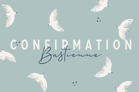 Faire-part de confirmation tendance avec colombes sur fond bleu