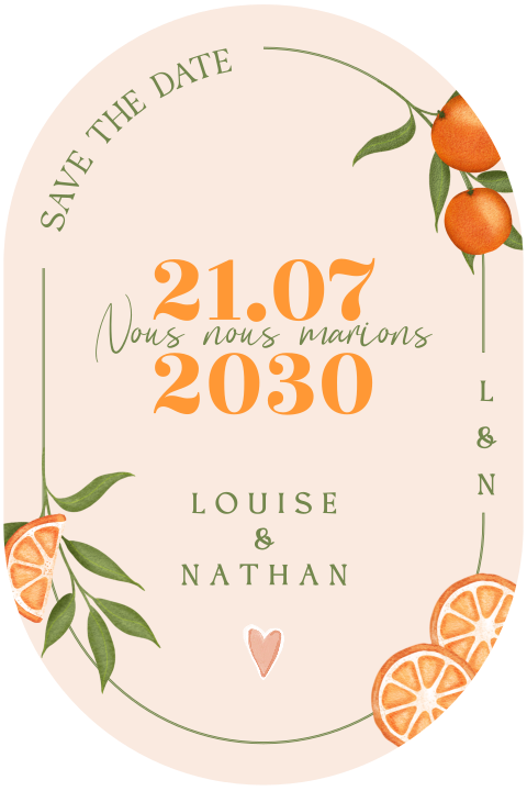 Save the date tendance ovale avec oranges sur fond rose pâle