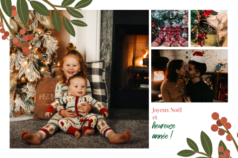 Carte de Noël avec des photos et des feuillages