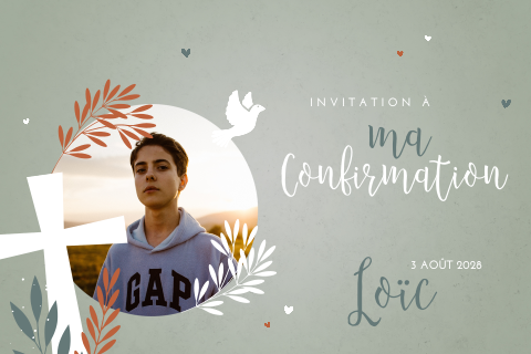 Faire-part de confirmation vert avec photo, croix et colombe