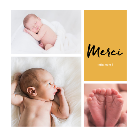 Carte de remerciement bébé avec photos et des accents de couleur ocre