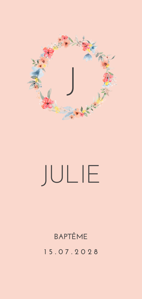 Faire-part de baptême fond rose avec couronne de fleurs