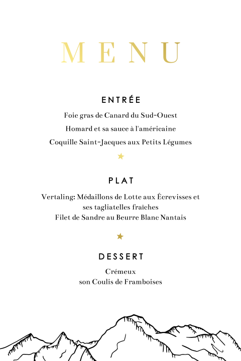 Carte de menu avec des montagnes et des détails dorés