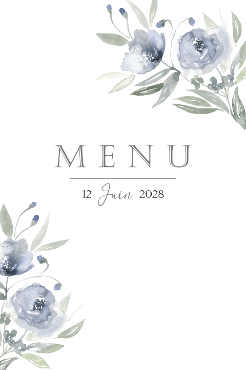 Menu romantique avec des fleurs d'aquarelle en bleu