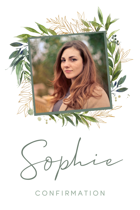 Faire-part de confirmation avec photo dans cadre de rameaux d’olivier