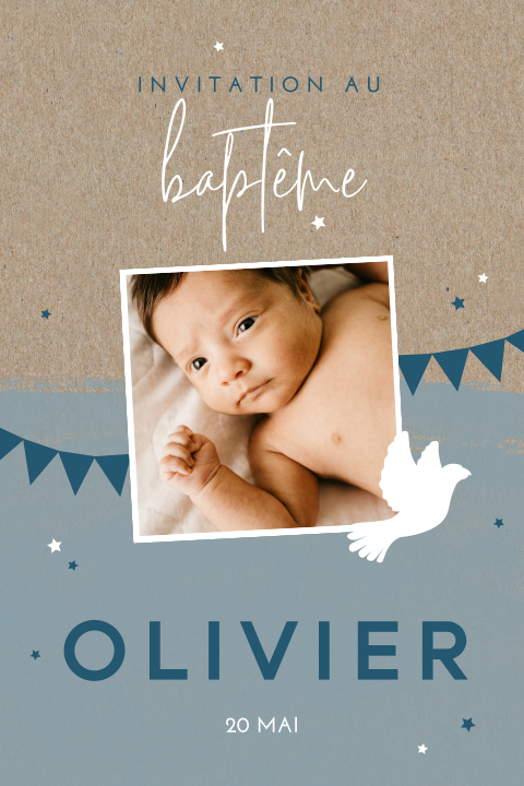 Faire-part de baptême avec guirlandes et photo sur impression kraft