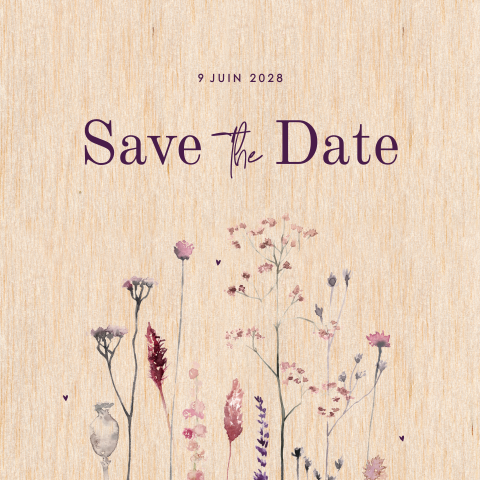 Joli Save the date en bois avec des fleurs des champs