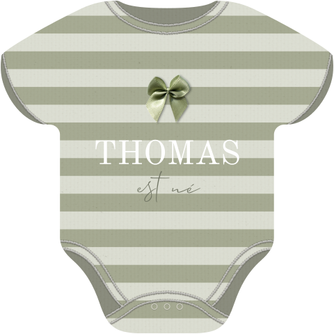 Faire-part de naissance vert en forme de body avec rayures I Nœud optionnel
