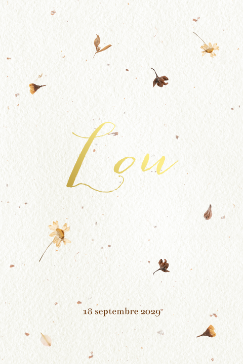 Faire-part de naissance avec nom en or sur fond avec fleurs séchées