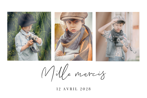 Carte de remerciement moderne pour la communion avec trois photos.